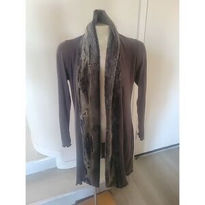 VINE STREET Faux Fur Trim Cardigan Duster Sweater Longline Open Front Gray fall